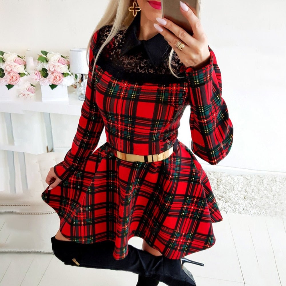 Plaid Lace High Waist Charming Slim Long Sleeve Vestido Mini Dress - Necessary Clothing