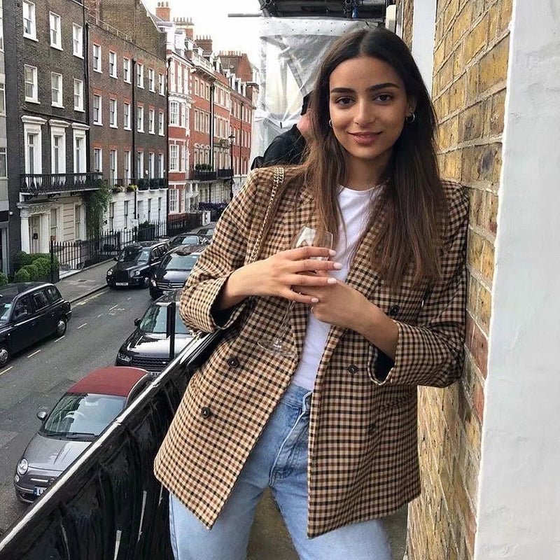 Plaid Slim Double Breasted Coat - Necessary Clothing