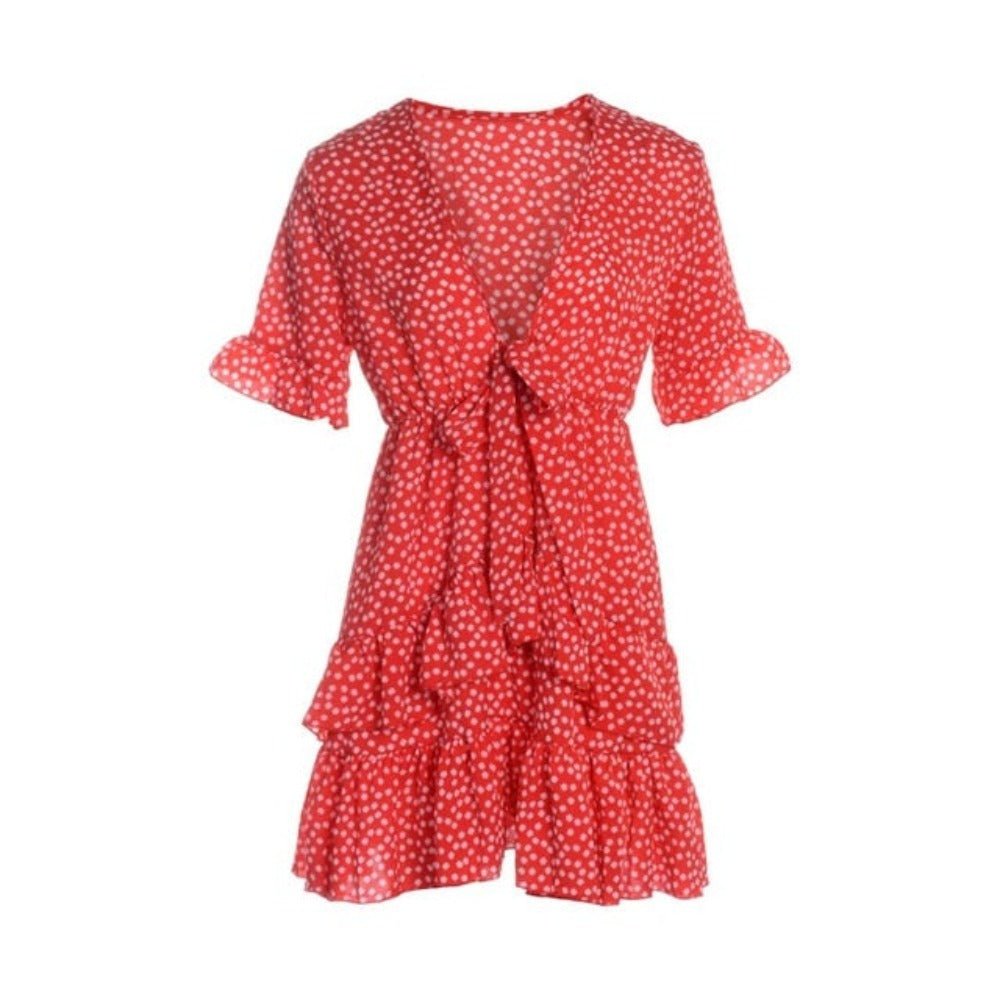 Polka Dot Ruffle Knot V - Neck Mini Dress - Necessary Clothing