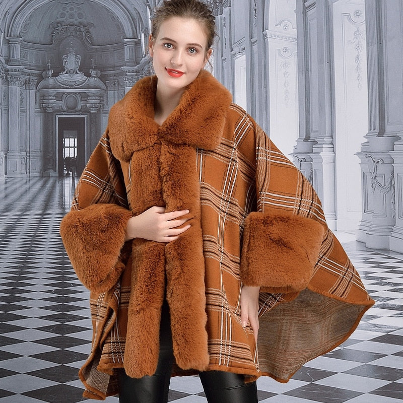 Cape Plaid Poncho Faux Rabbit Fur Big Fur Collar Shawl Thick Warm Knit Cardigan Cloak Coat - Necessary Clothing Store