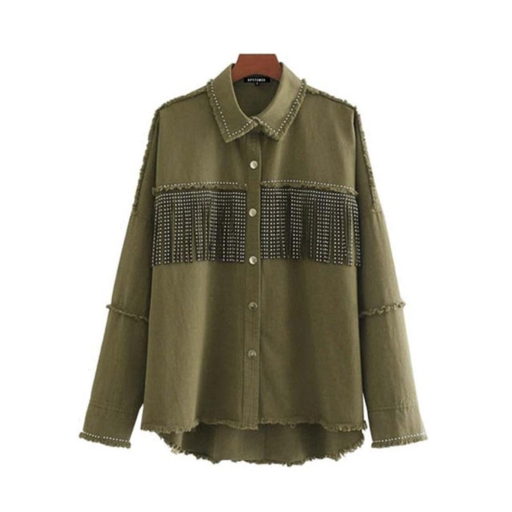 Fringe Beaded Jacket Long Sleeve Frayed Trim Outerwear - Necessary Clothing Store