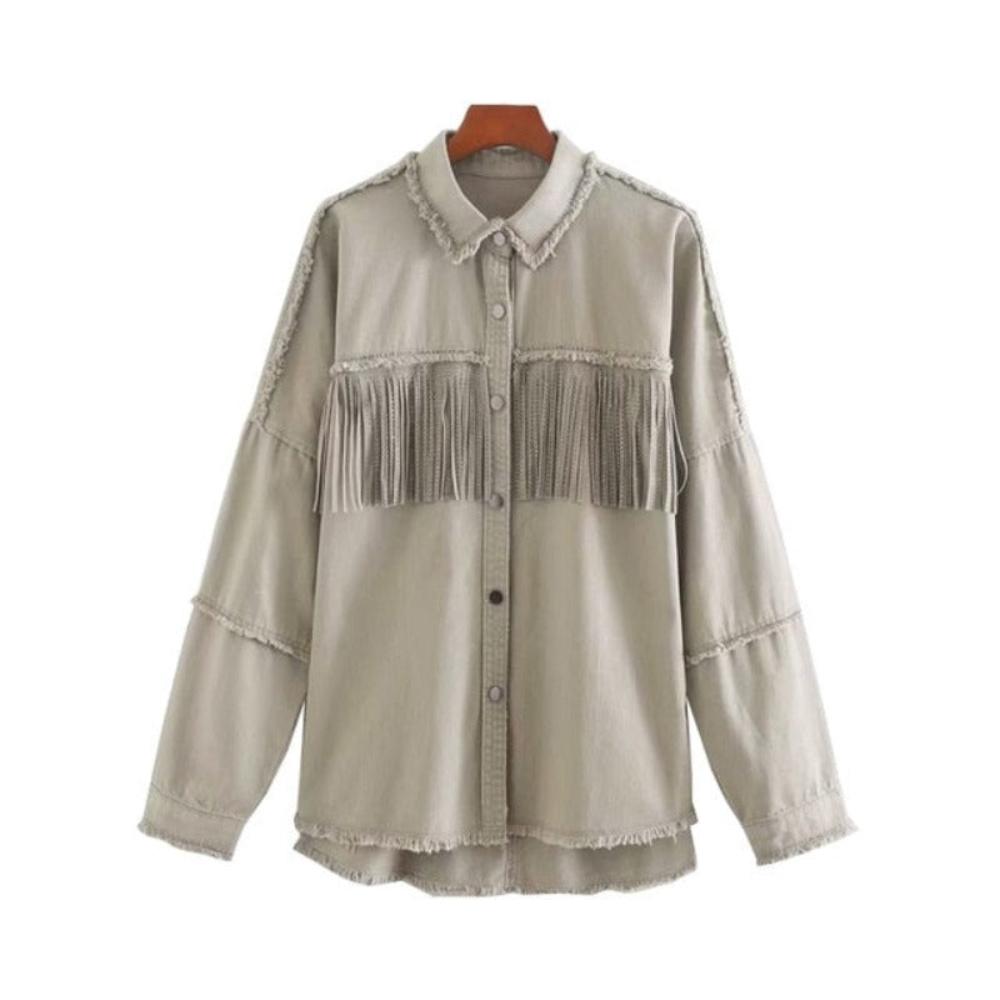 Fringe Beaded Jacket Long Sleeve Frayed Trim Outerwear - Necessary Clothing Store