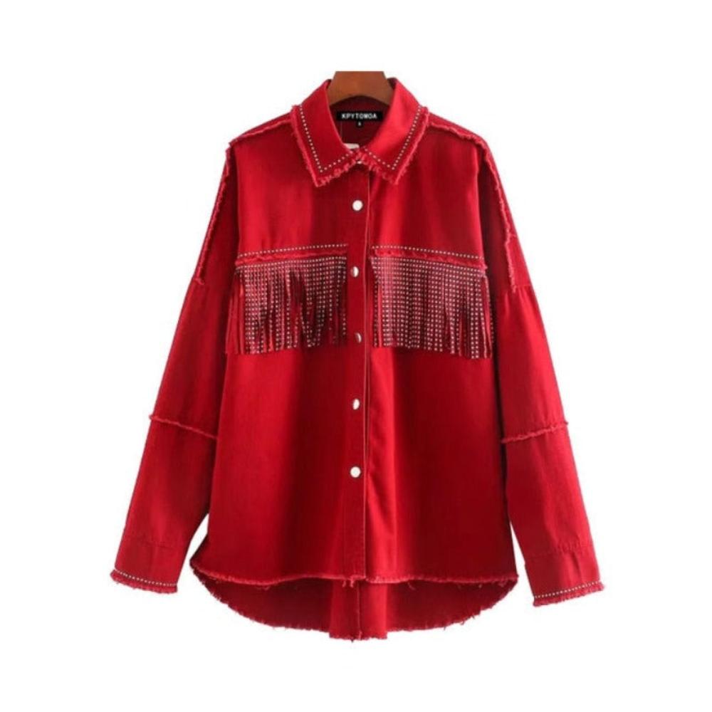 Fringe Beaded Jacket Long Sleeve Frayed Trim Outerwear - Necessary Clothing Store