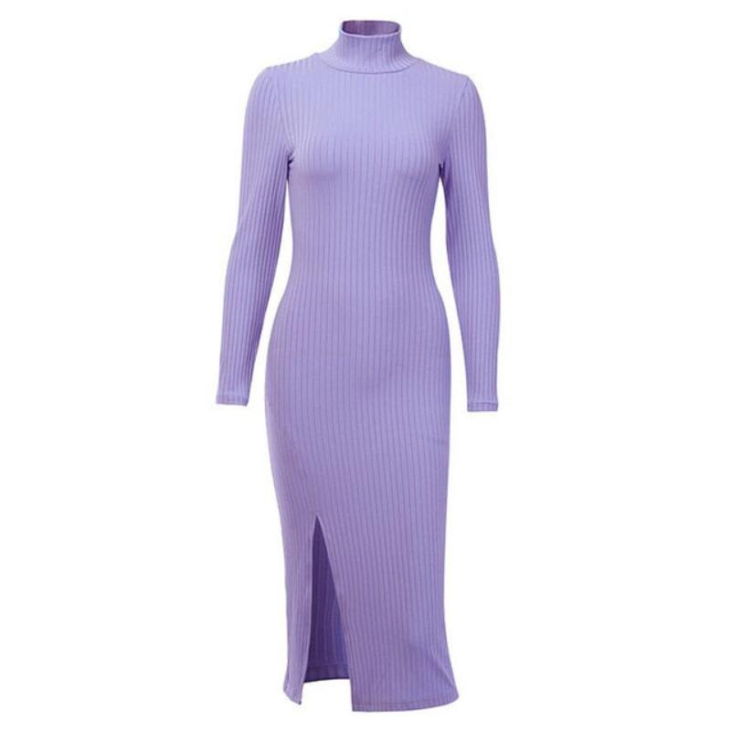 Knee-Length Cotton Ribbed Knitted Turtleneck Solid Split Long Sleeve Mock Neck Elegant Dress - Necessary Clothing Store