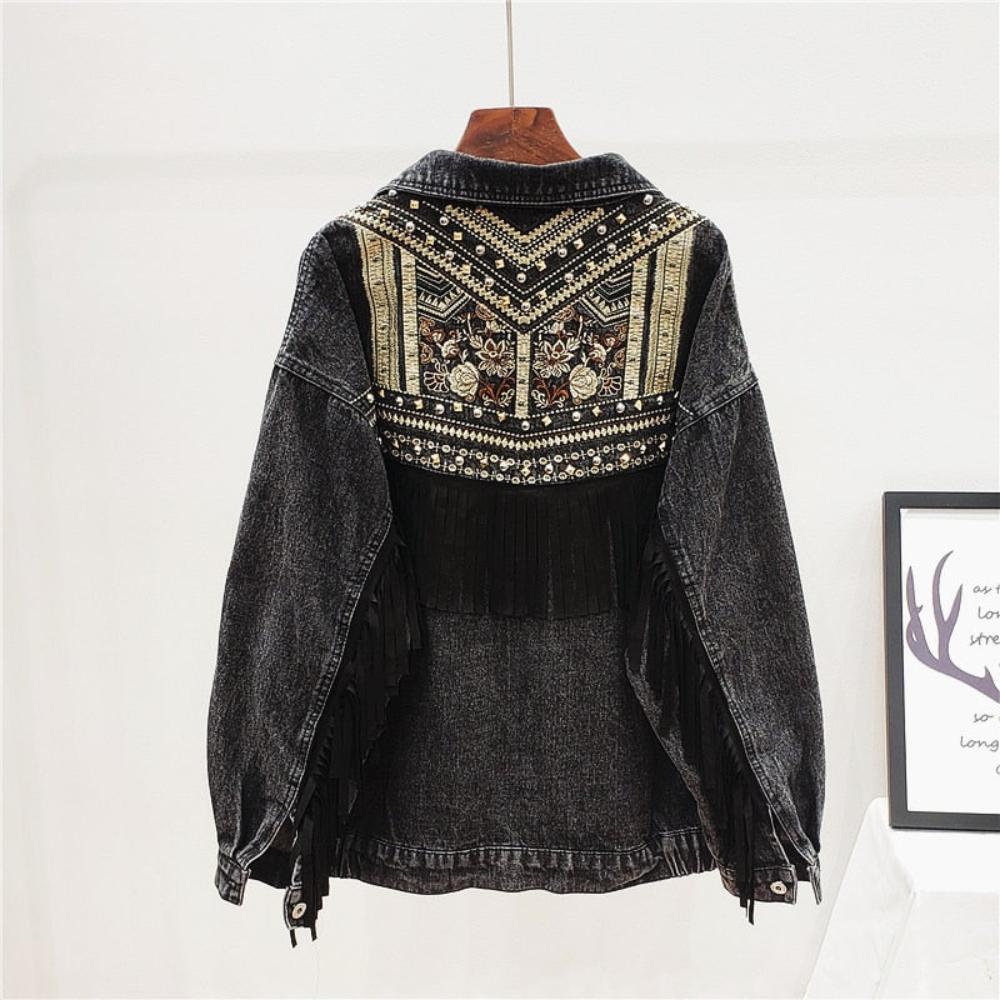 Denim Embroidery Suede Fringe Loose Long Sleeve Jacket - Necessary Clothing Store