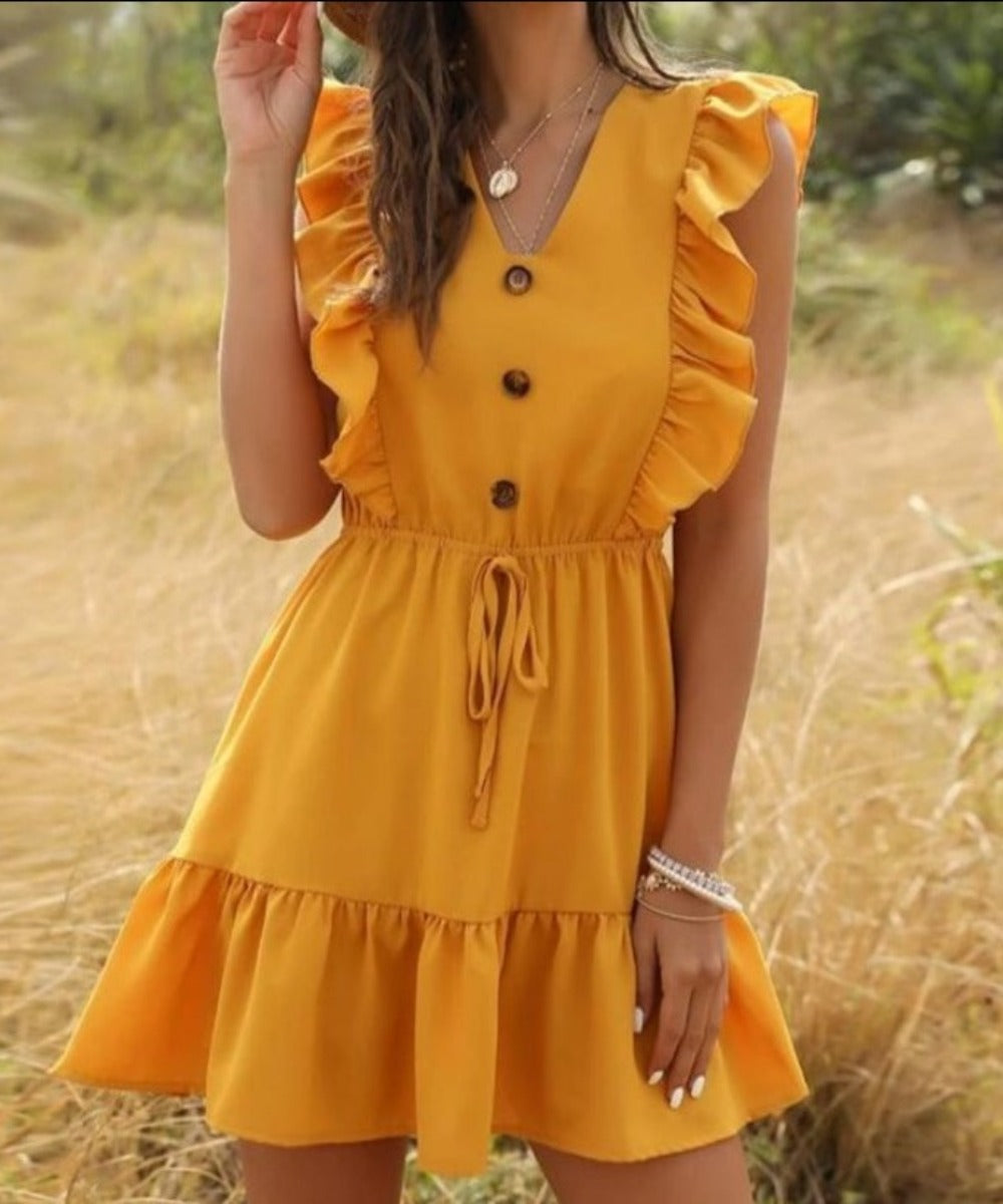 Ruffle Off Shoulder Tunic High Waist V Neck Dress - Necessary Clothing Store