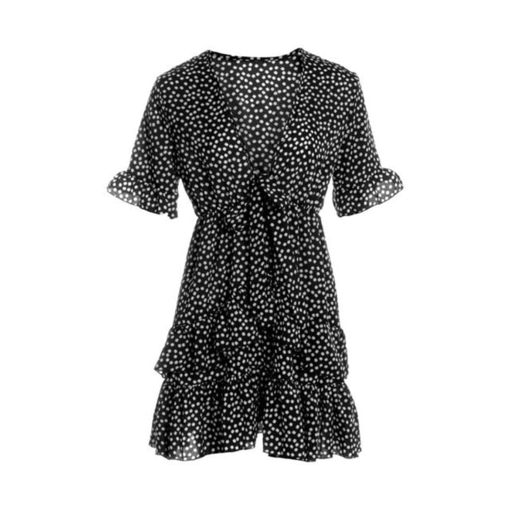 Polka Dot Ruffle Knot V-Neck Mini Dress - Necessary Clothing Store