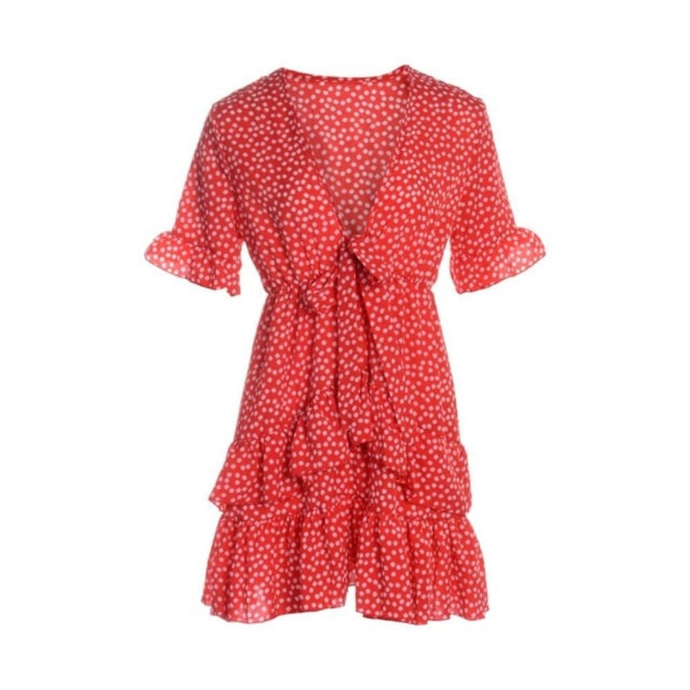 Polka Dot Ruffle Knot V-Neck Mini Dress - Necessary Clothing Store