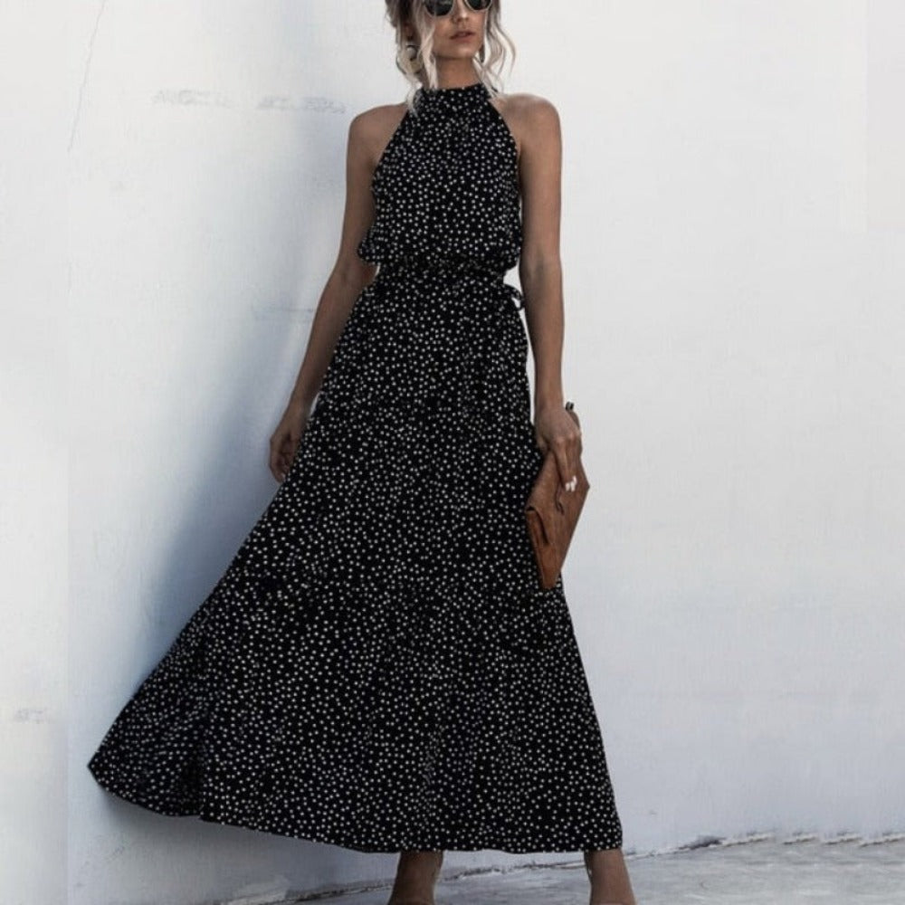Elegant Long Dress Flowers Polka-Dot Strap - Necessary Clothing Store