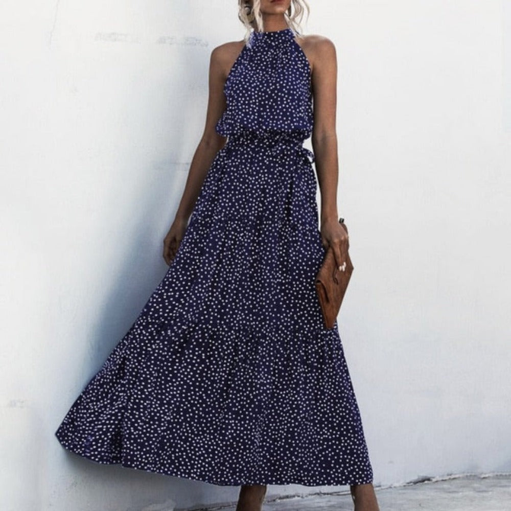 Elegant Long Dress Flowers Polka-Dot Strap - Necessary Clothing Store