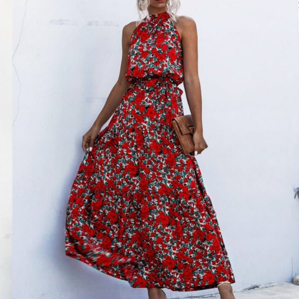 Elegant Long Dress Flowers Polka-Dot Strap - Necessary Clothing Store