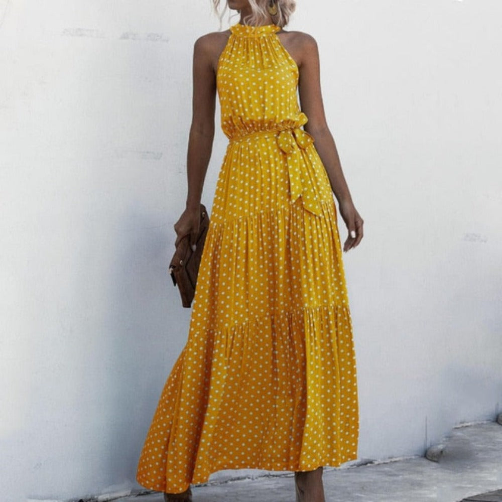 Elegant Long Dress Flowers Polka-Dot Strap - Necessary Clothing Store