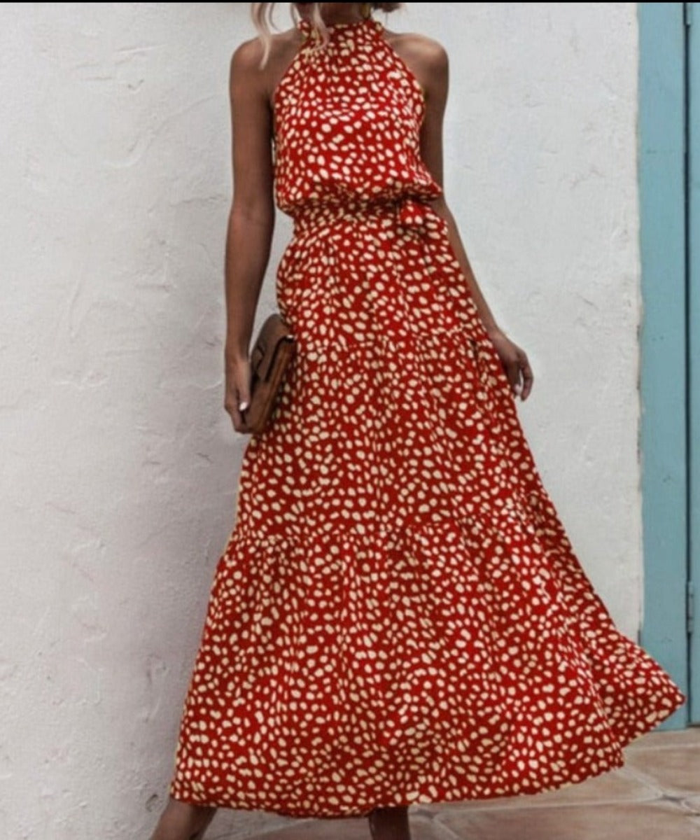 Elegant Long Dress Flowers Polka-Dot Strap - Necessary Clothing Store