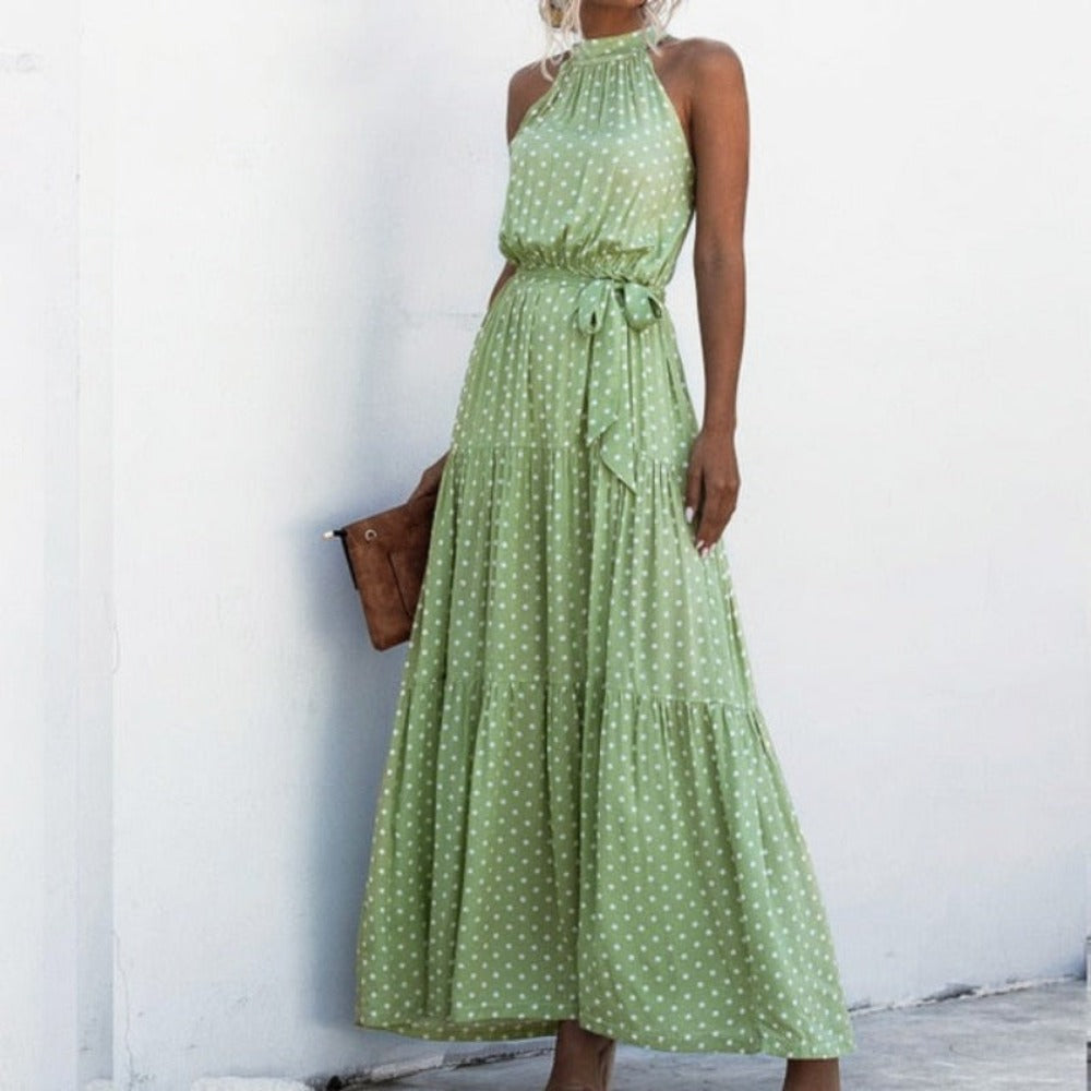 Elegant Long Dress Flowers Polka-Dot Strap - Necessary Clothing Store