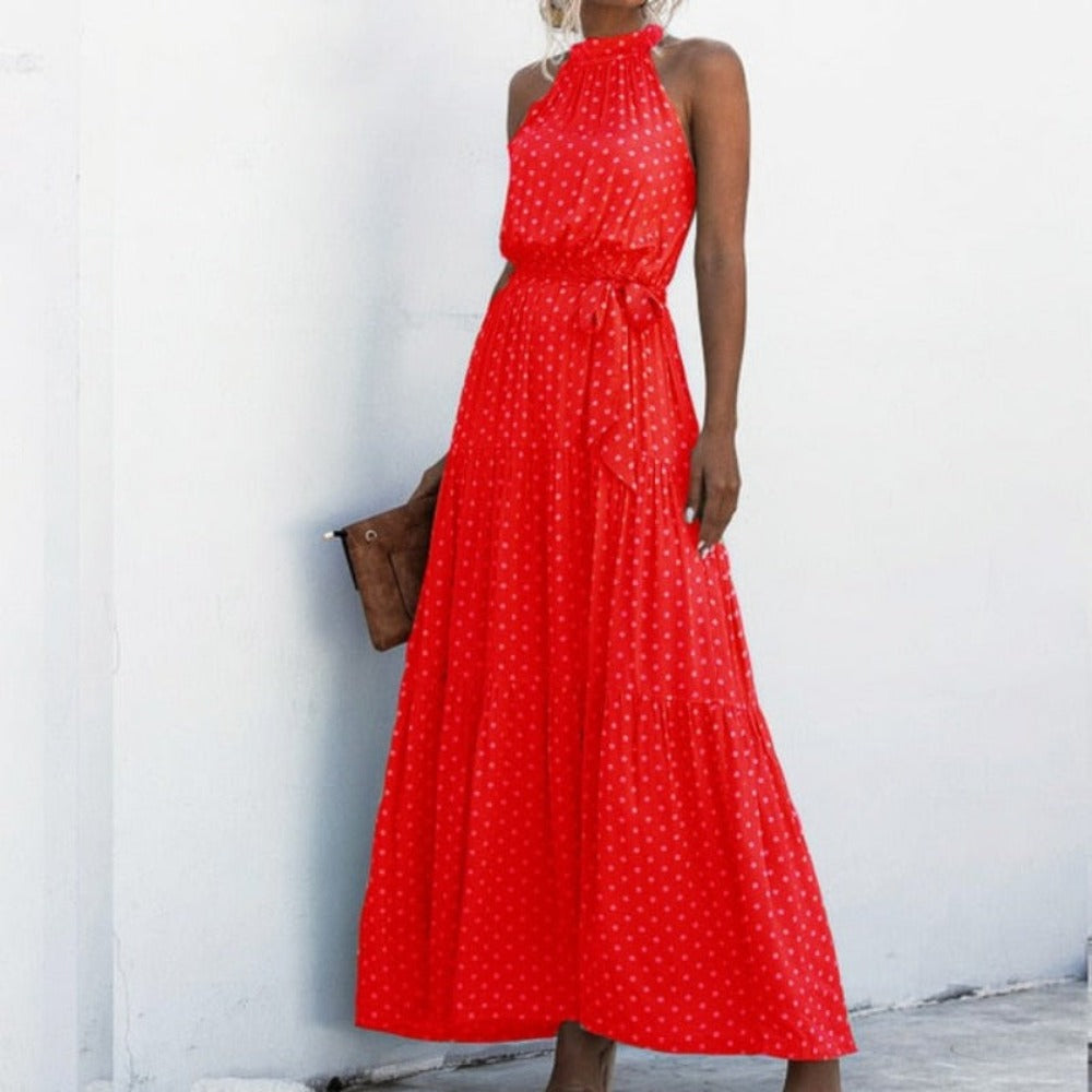 Elegant Long Dress Flowers Polka-Dot Strap - Necessary Clothing Store