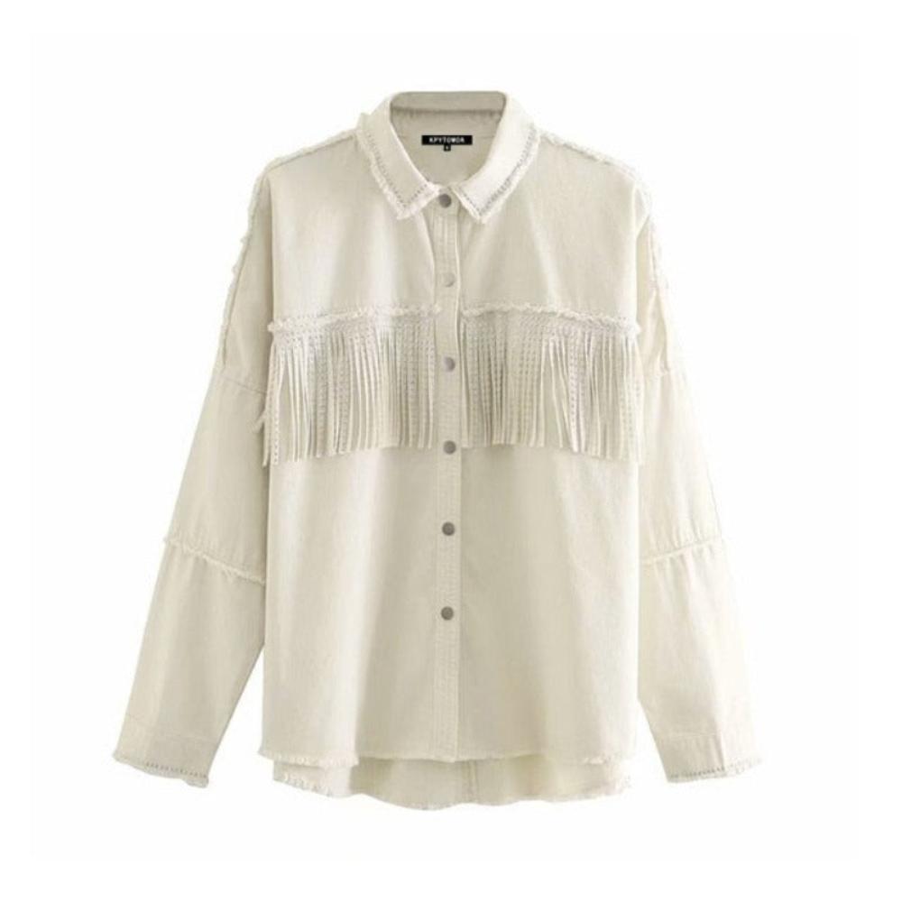 Fringe Beaded Jacket Long Sleeve Frayed Trim Outerwear - Necessary Clothing Store