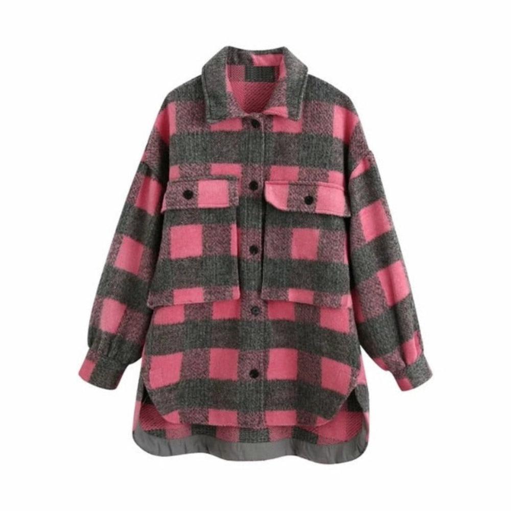 Plaid Woolen Fashion Pockets Turn-down Collar Cute Chic Coat Street-wear - Necessary Clothing Store