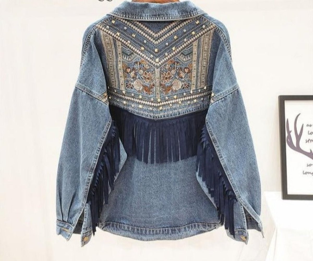 Denim Embroidery Suede Fringe Loose Long Sleeve Jacket - Necessary Clothing Store