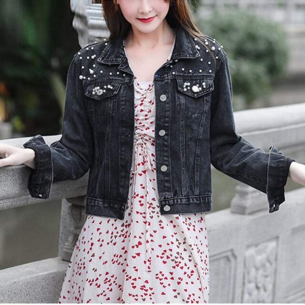 Pearl Beading Short Denim White Wash Long Sleeve Jean Jacket Bomber - Necessary Clothing Store