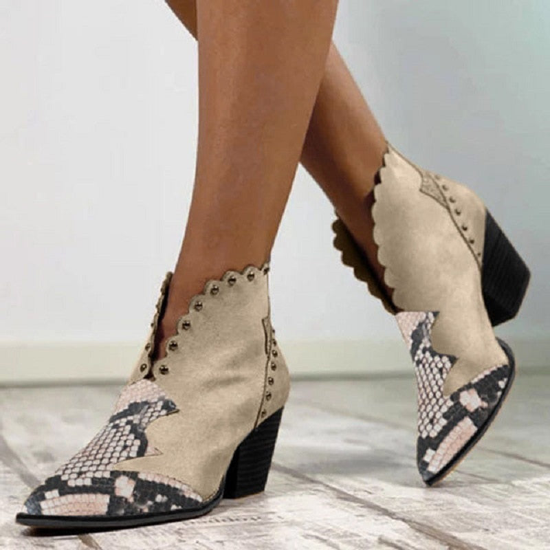 Retro Ankle Slip on Pointed Toe Snake Rivet Mixed Color Soft Leather Boots - Necessary Clothing Store