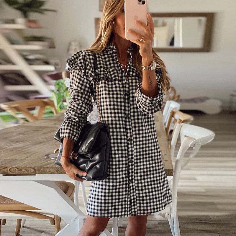 Women Ruffle Hound's Tooth Plaid Midi Long Sleeves Dress - Necessary Clothing Store