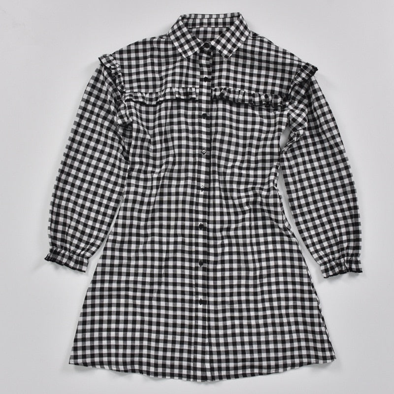 Women Ruffle Hound's Tooth Plaid Midi Long Sleeves Dress - Necessary Clothing Store