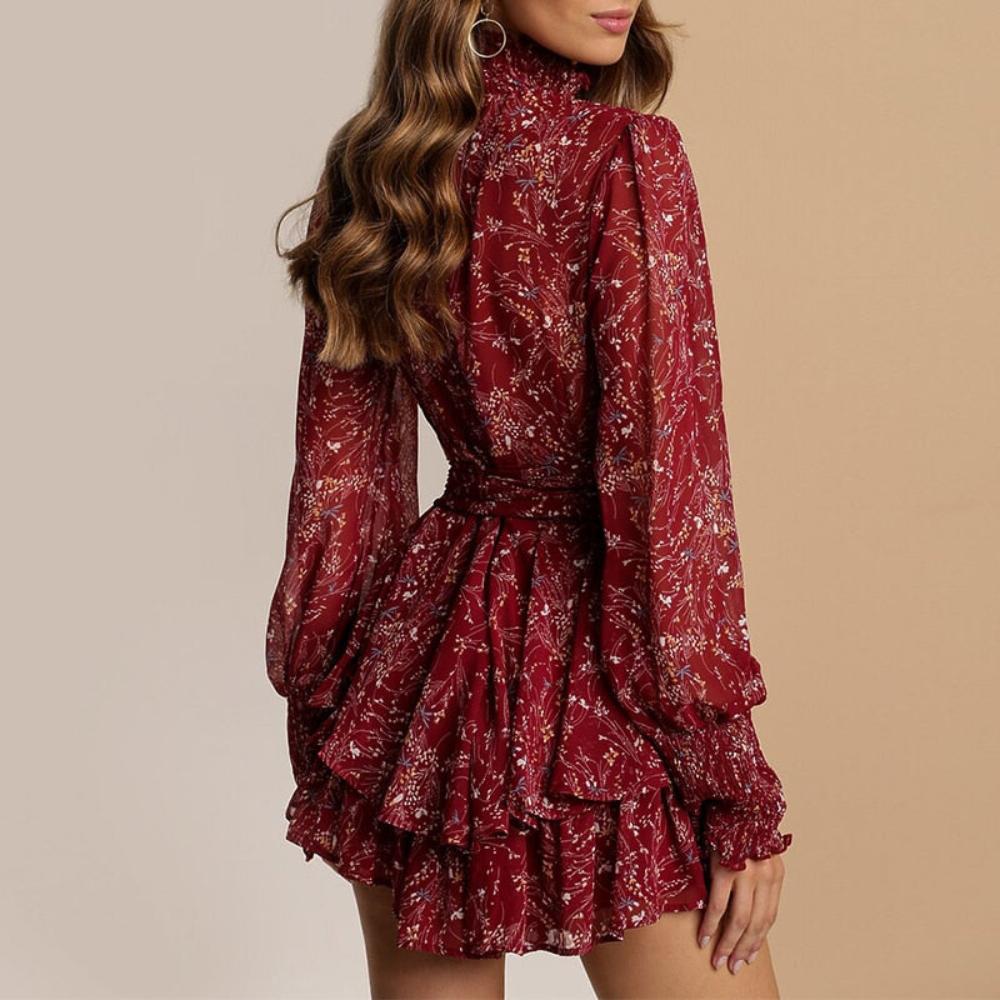 Vintage Perspective Floral Print Mini Turtleneck Long Sleeve Chiffon A Line Dress - Necessary Clothing Store