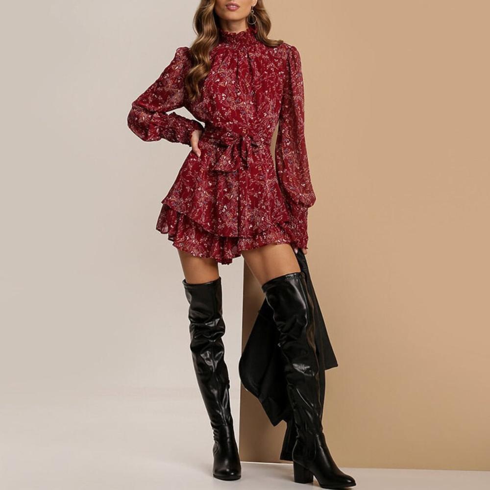 Vintage Perspective Floral Print Mini Turtleneck Long Sleeve Chiffon A Line Dress - Necessary Clothing Store