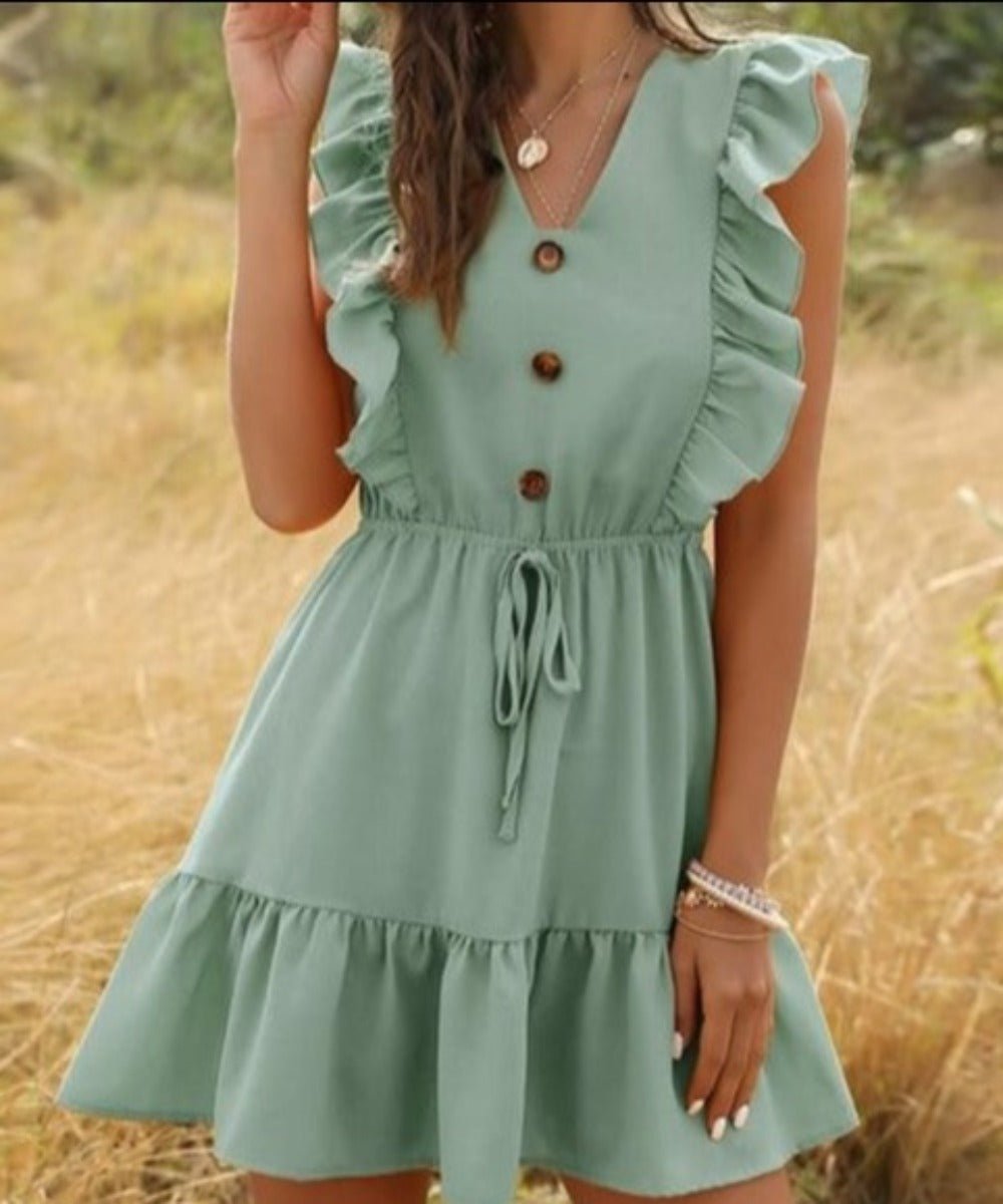 Ruffle Off Shoulder Tunic High Waist V Neck Dress - Necessary Clothing