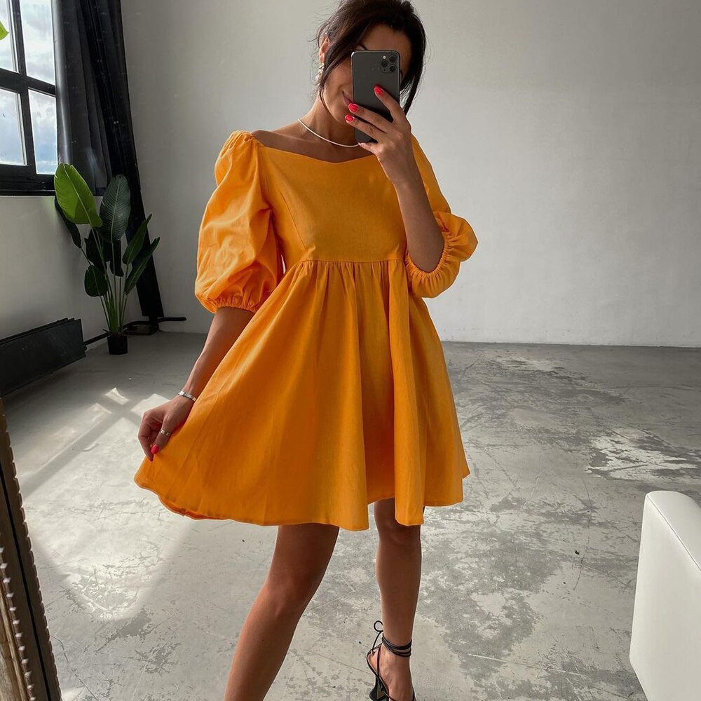 Square Elegant Puff Short Sleeve A - Line Loose Party Dress - Necessary Clothing