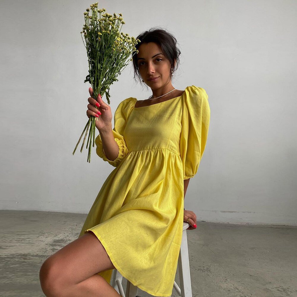 Square Elegant Puff Short Sleeve A - Line Loose Party Dress - Necessary Clothing