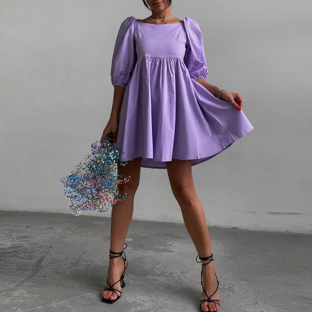 Square Elegant Puff Short Sleeve A - Line Loose Party Dress - Necessary Clothing