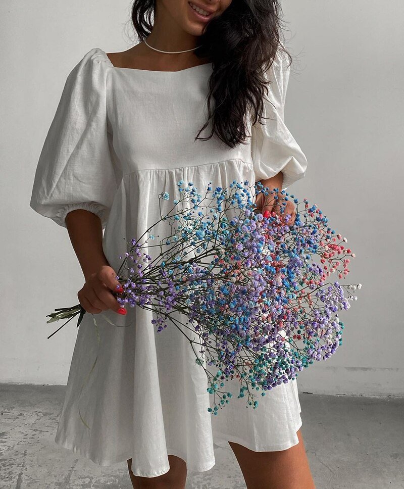 Square Elegant Puff Short Sleeve A - Line Loose Party Dress - Necessary Clothing
