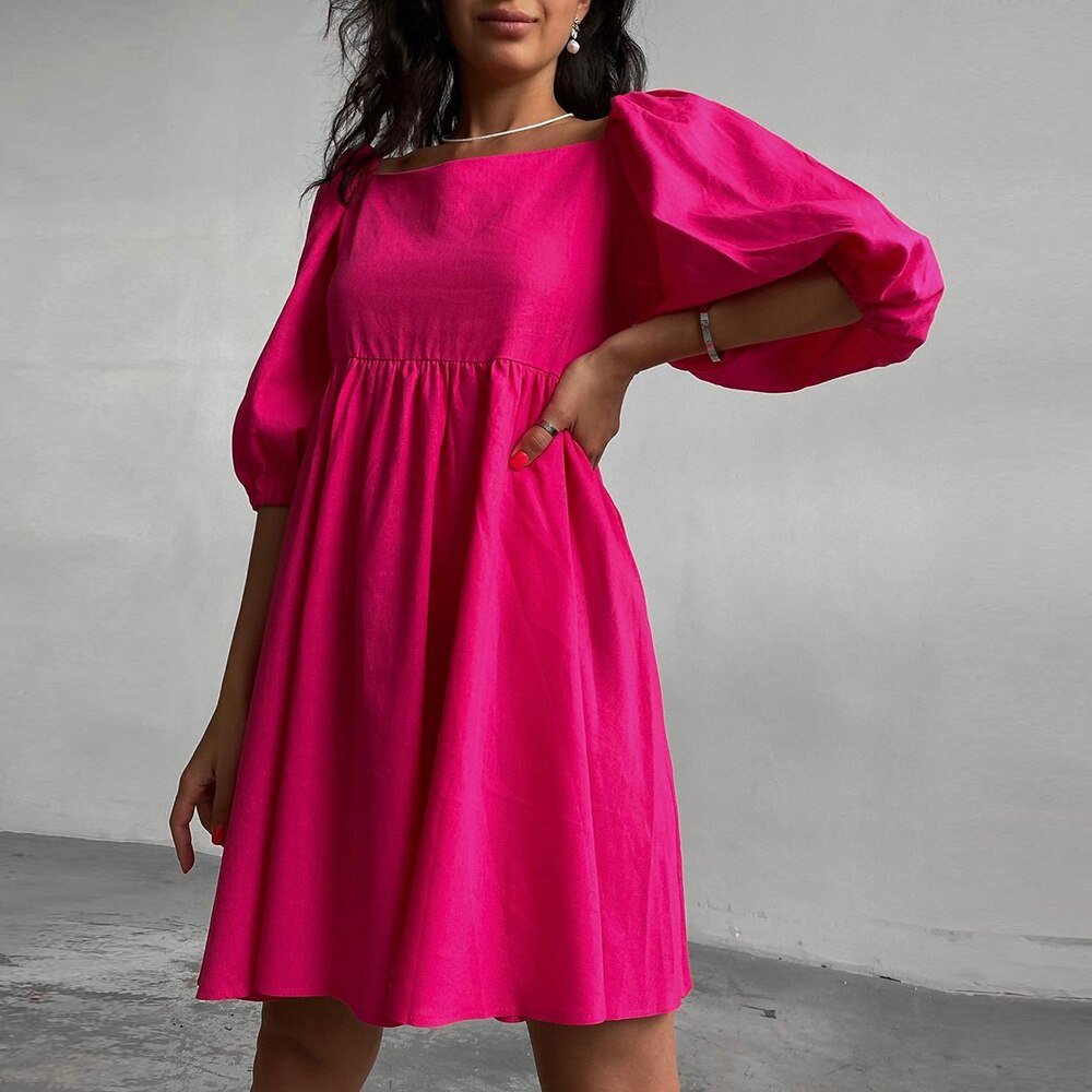 Square Elegant Puff Short Sleeve A - Line Loose Party Dress - Necessary Clothing