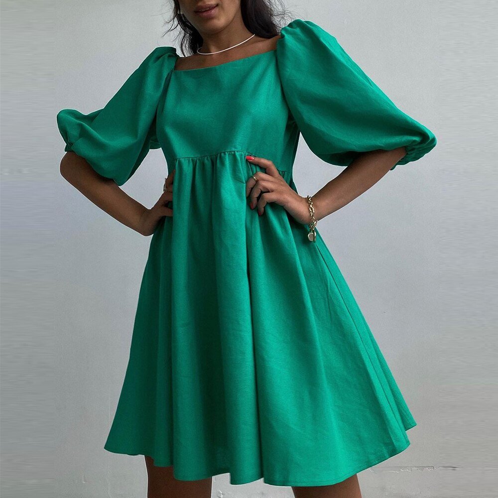 Square Elegant Puff Short Sleeve A - Line Loose Party Dress - Necessary Clothing