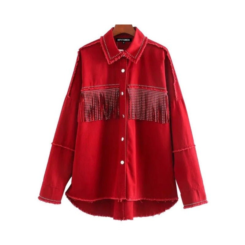 Stylish Fringe Beaded Loose Denim Jacket Long Sleeve Frayed Trim Outerwear - Necessary Clothing