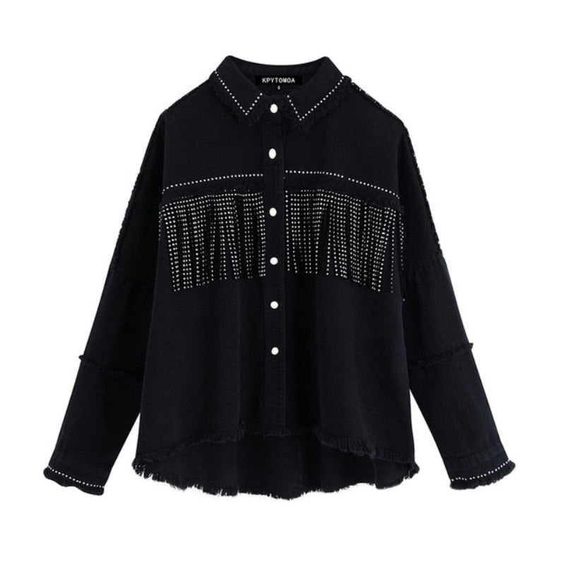 Stylish Fringe Beaded Loose Denim Jacket Long Sleeve Frayed Trim Outerwear - Necessary Clothing