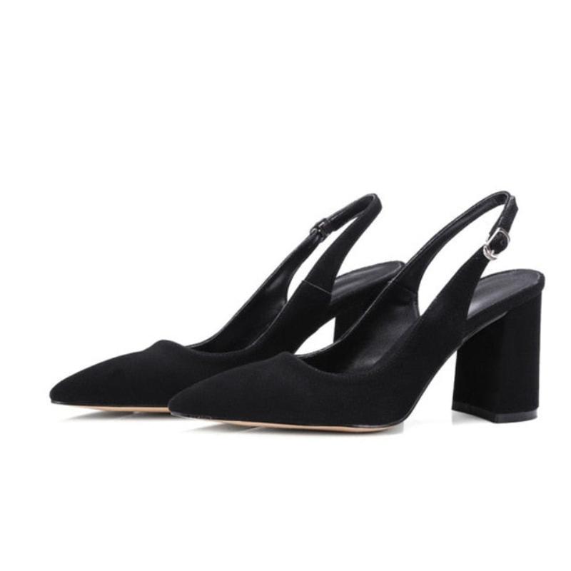 Suede Square High Heel Slingbacks Leather Buckle Pointed Toe Pumps - Necessary Clothing