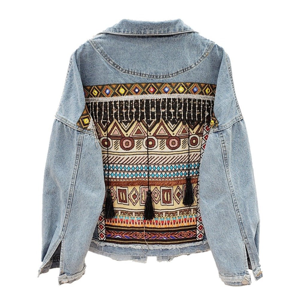 Tassel Embroidery Flowers Denim Loose Long Sleeve Short Jacket - Necessary Clothing