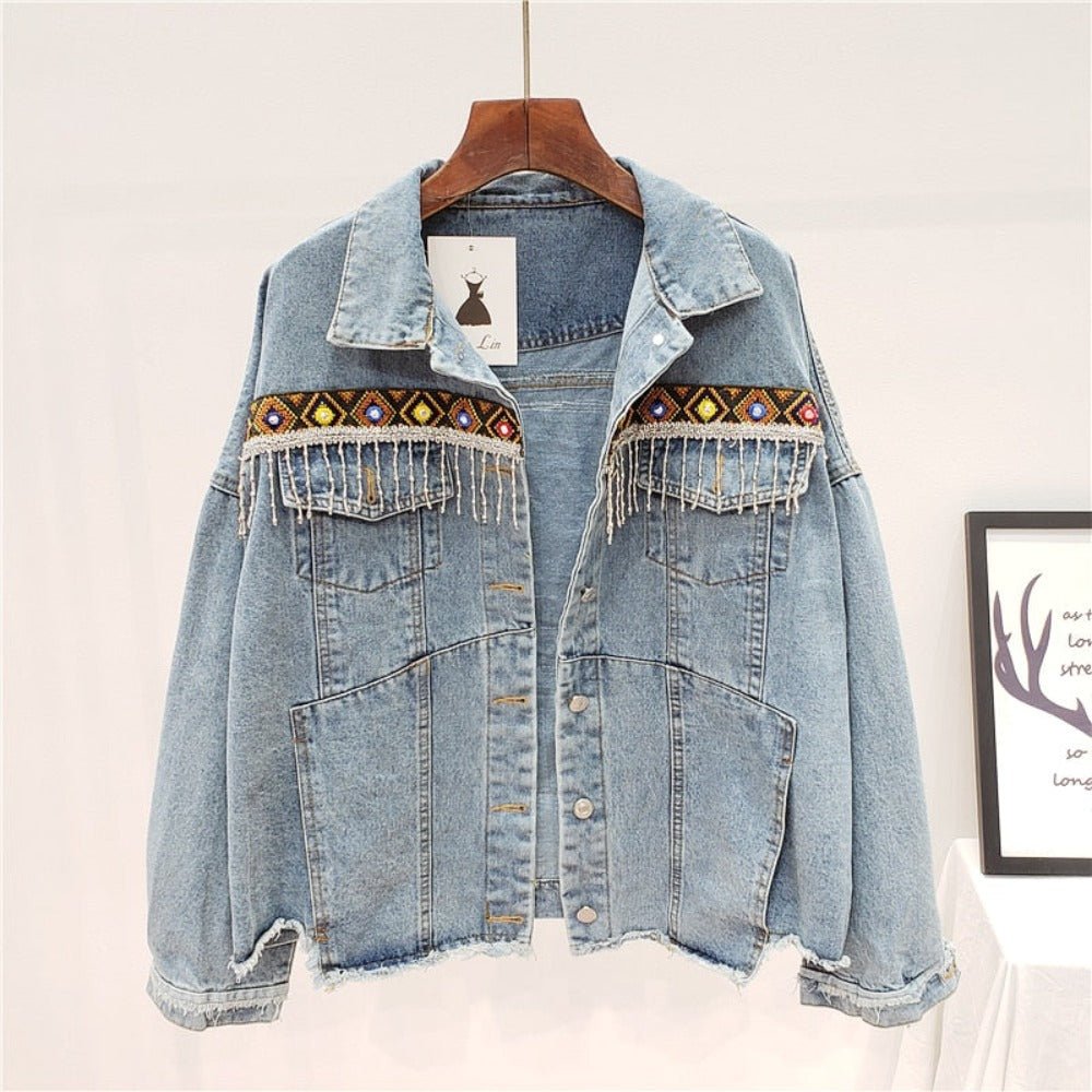 Tassel Embroidery Flowers Denim Loose Long Sleeve Short Jacket - Necessary Clothing