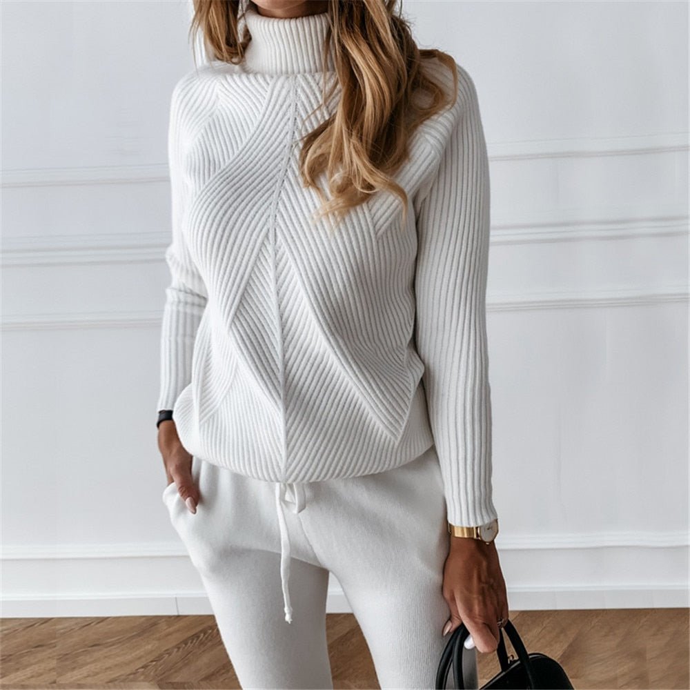 Tracksuit Striped Turtleneck Knitted Sweater Two Piece Set - Necessary Clothing