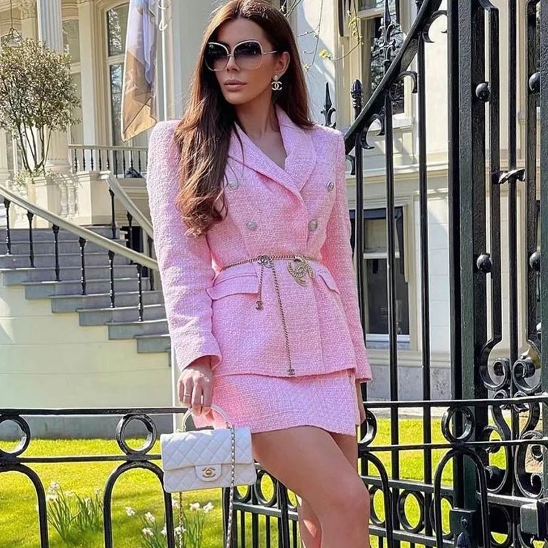 Tweed Double - Breasted Slim Blazer Culottes Skirt Suit - Necessary Clothing