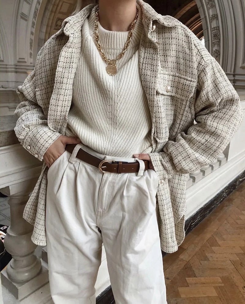 Tweed Vintage Oversize Plaid Chic Streetwear Loose Shirt Elegant Outfit - Necessary Clothing