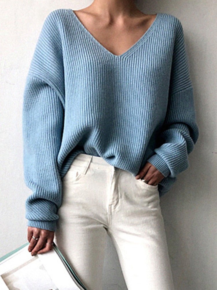 V-Neck Knitted Comfortable Loose Fit Sweater - Necessary Clothing