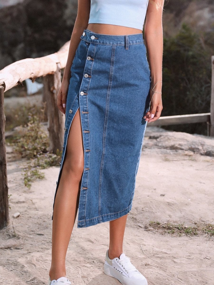 Wind Side Buttons Irregular Slits High Waist Skirt - Necessary Clothing