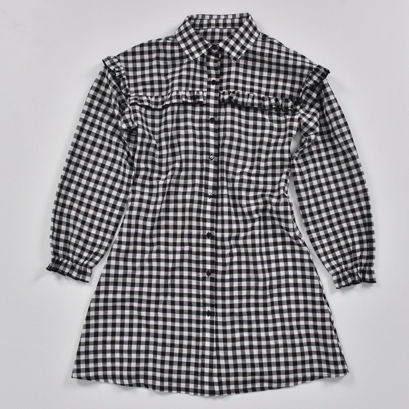 Women Ruffle Hound's Tooth Plaid Midi Long Sleeves Dress - Necessary Clothing