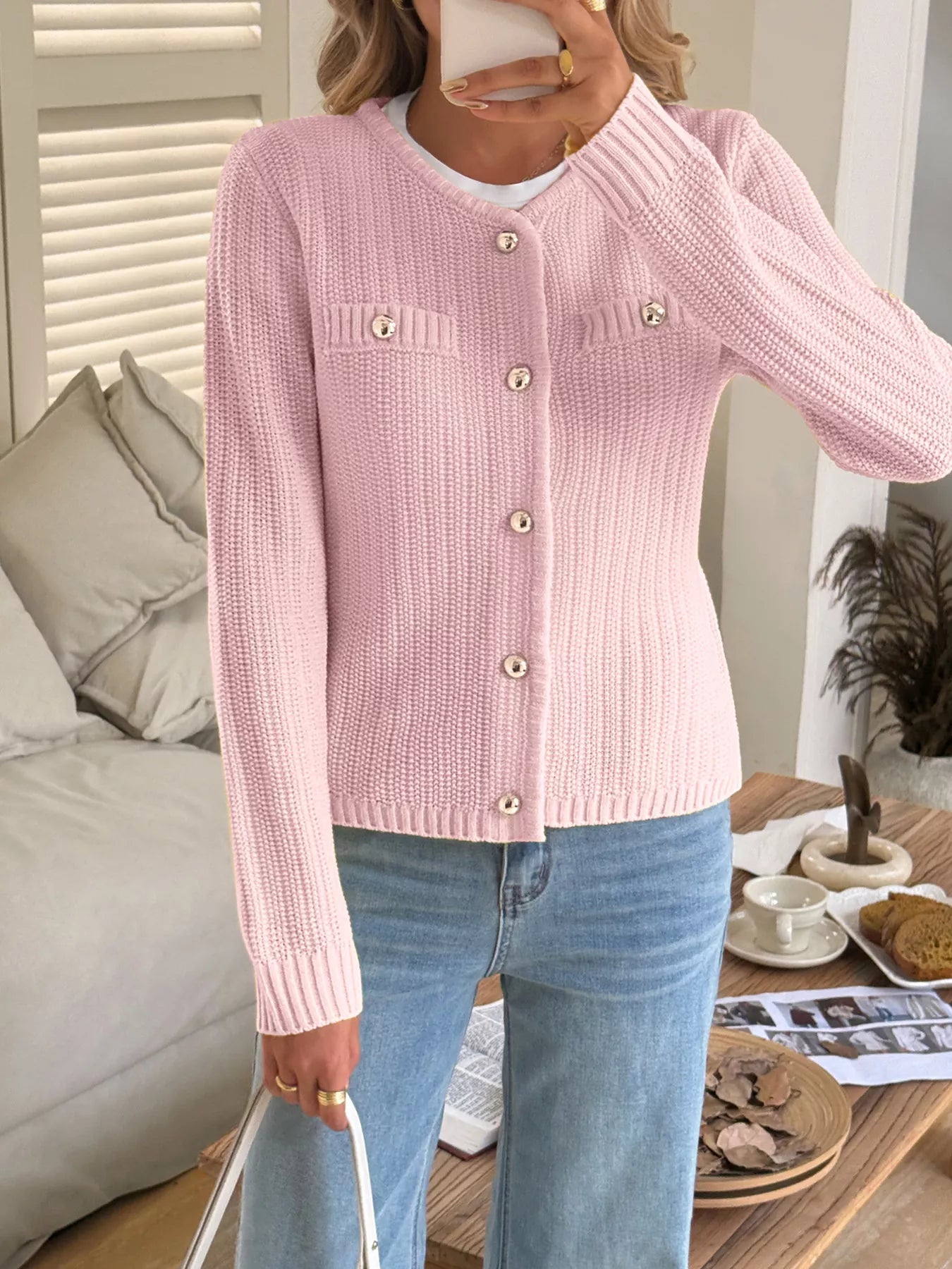 Button-Front Ribbed Long Sleeve Cardigan | Necessary Clothing