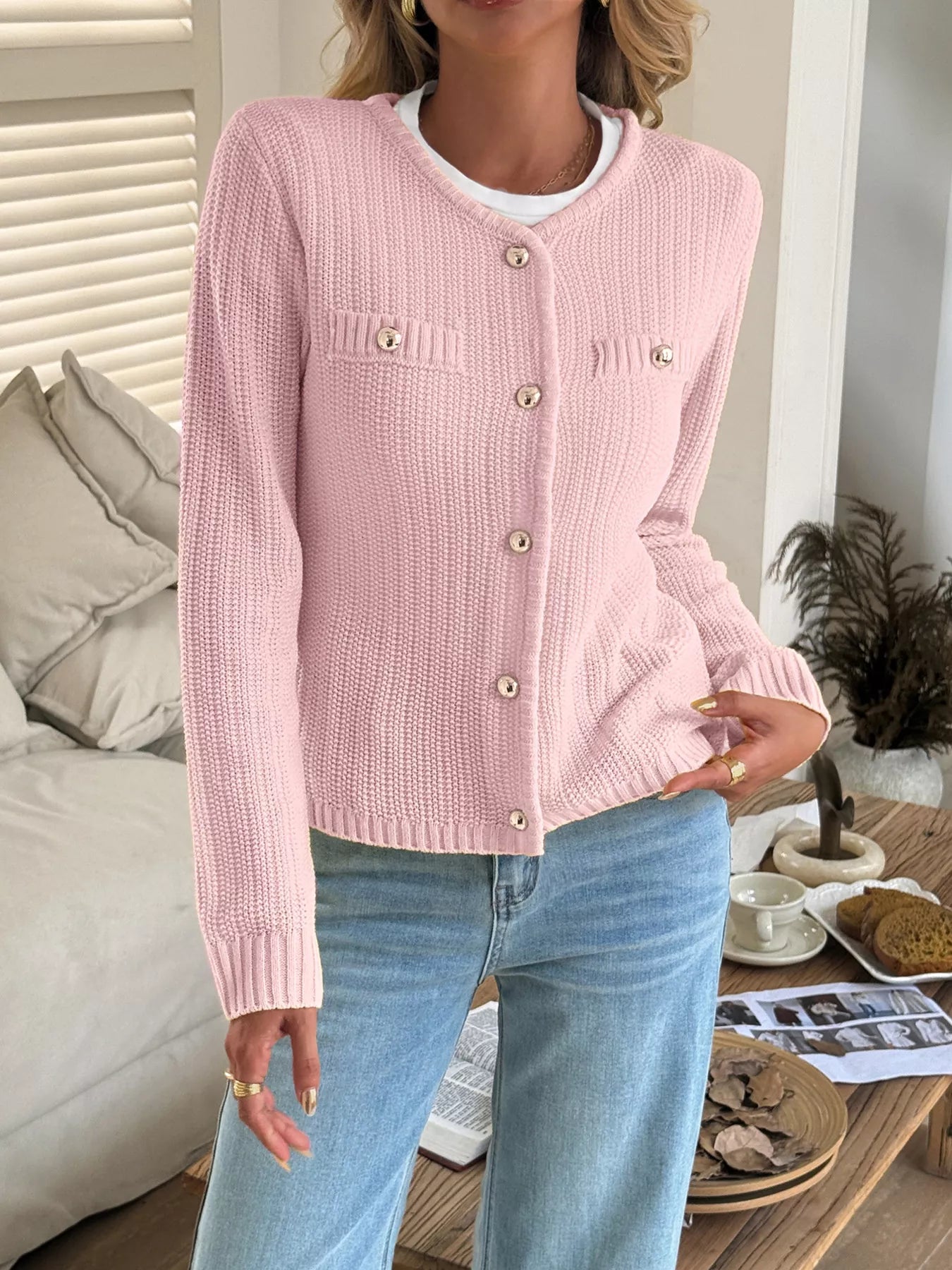 Button-Front Ribbed Long Sleeve Cardigan | Necessary Clothing