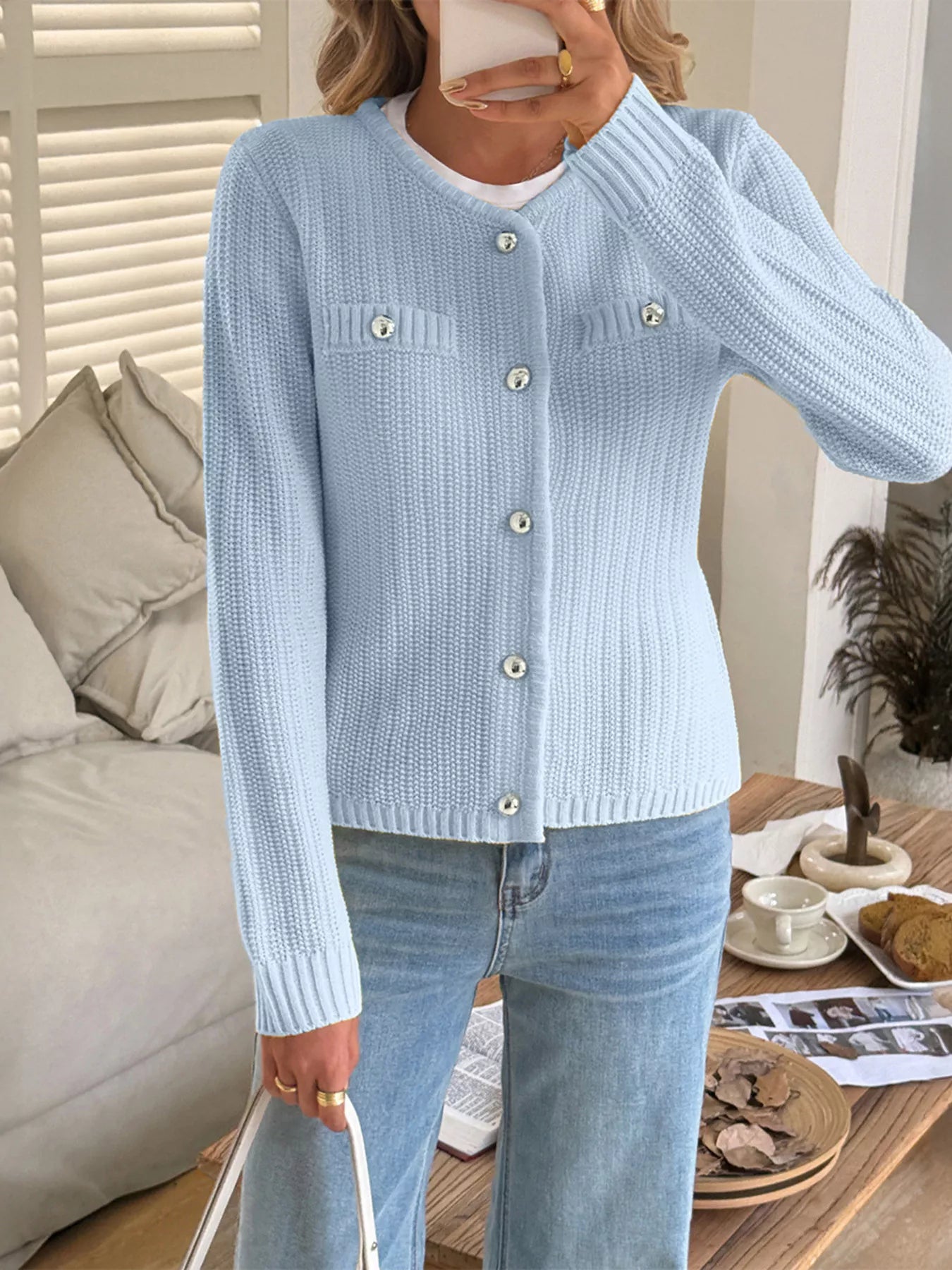 Button-Front Ribbed Long Sleeve Cardigan | Necessary Clothing