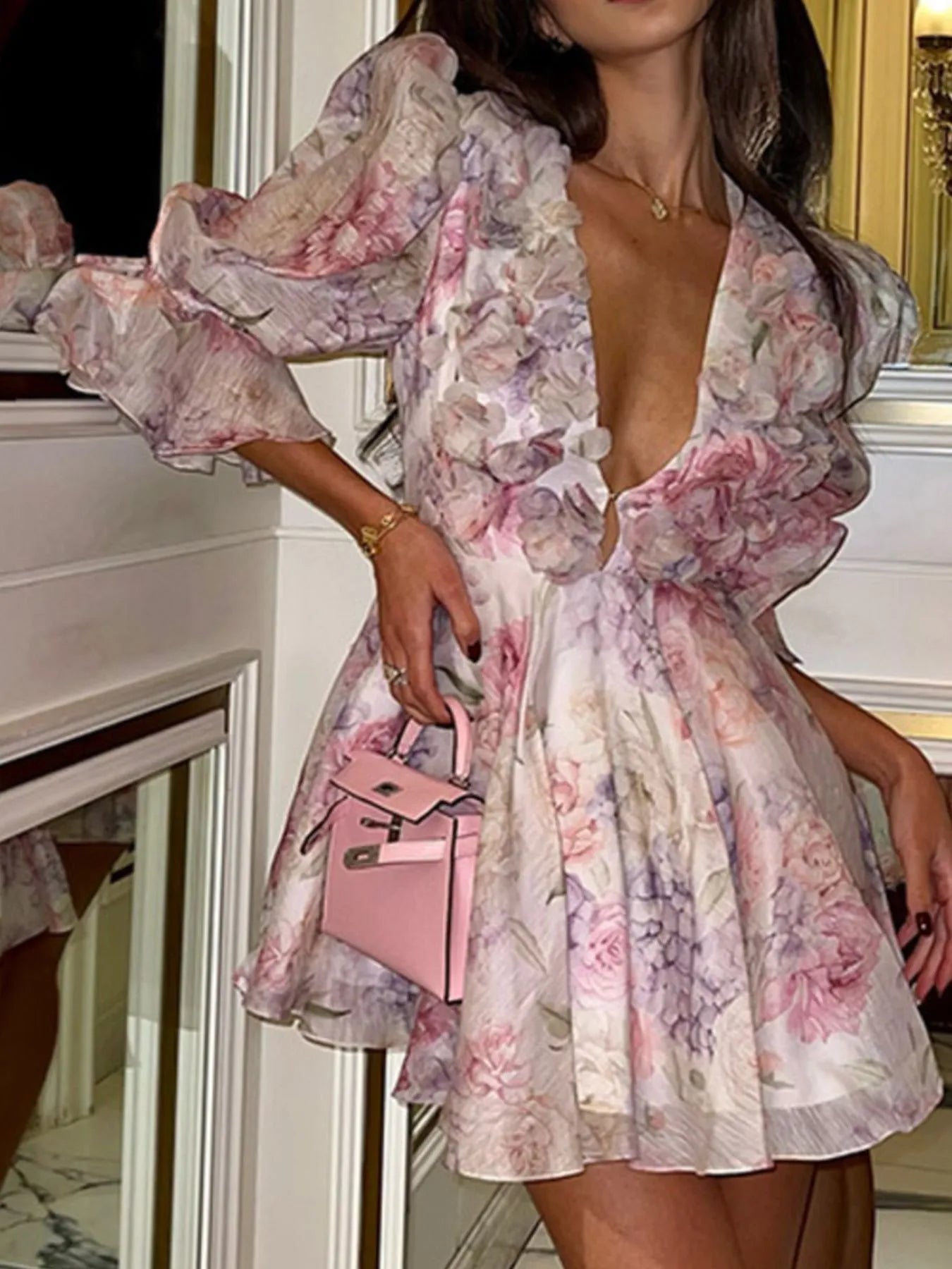 Floral Print Ruffled Mini Dress with Deep V-Neck | Necessary Clothing